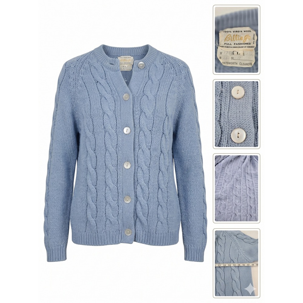 Vintage‎ Billie Jo Blue Wool Cardigan Sweater L Large Cable Knit Hong Kong 70s